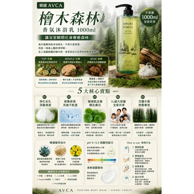 每天最期待的沐浴時光🌲韓國AVCA 檜木森林香氛沐浴乳 1000ml