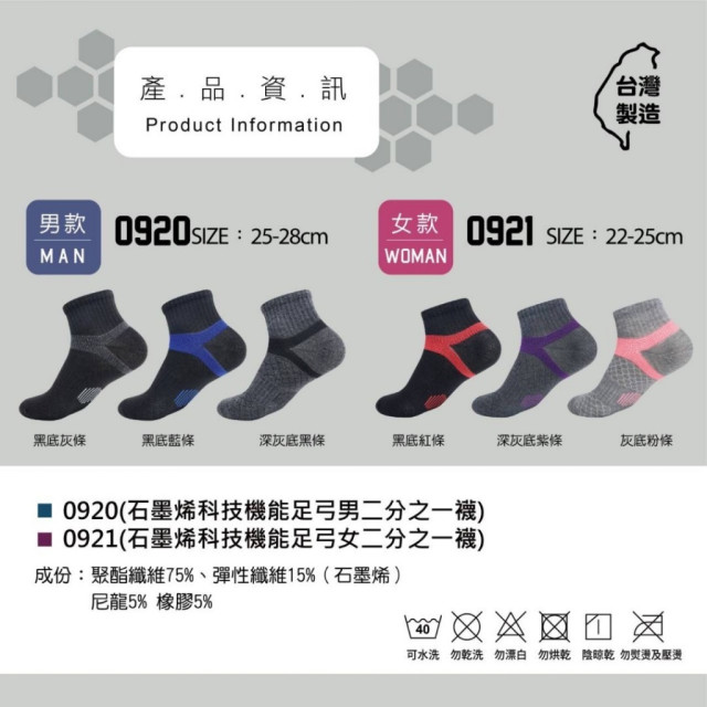 🧦MIT 石墨烯科技機能足弓二分之一襪 6雙入/組